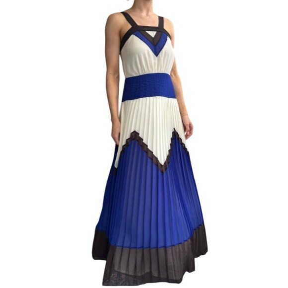 Milly Pleated Maxi Dress. Size 8. Blue/White Color Block Belted - Picture 1 of 16